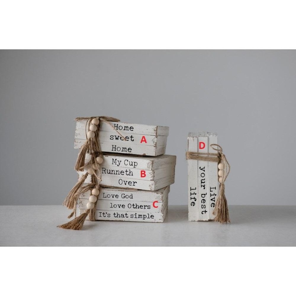 Wood Block Books with Saying & Jute Tie! 4 Styles!